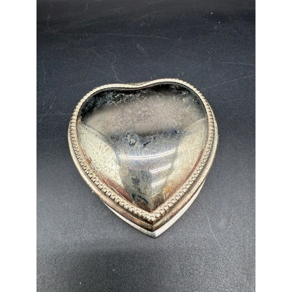 Vintage Silver Heart Trinket‎ Box with Pink Velvet Lining and Beaded Trim